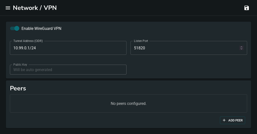 VPN settings page with interface configured