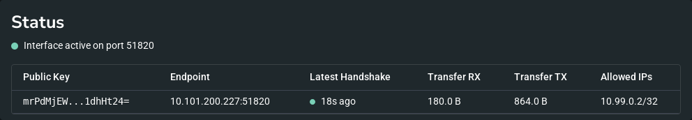 VPN status with active peer