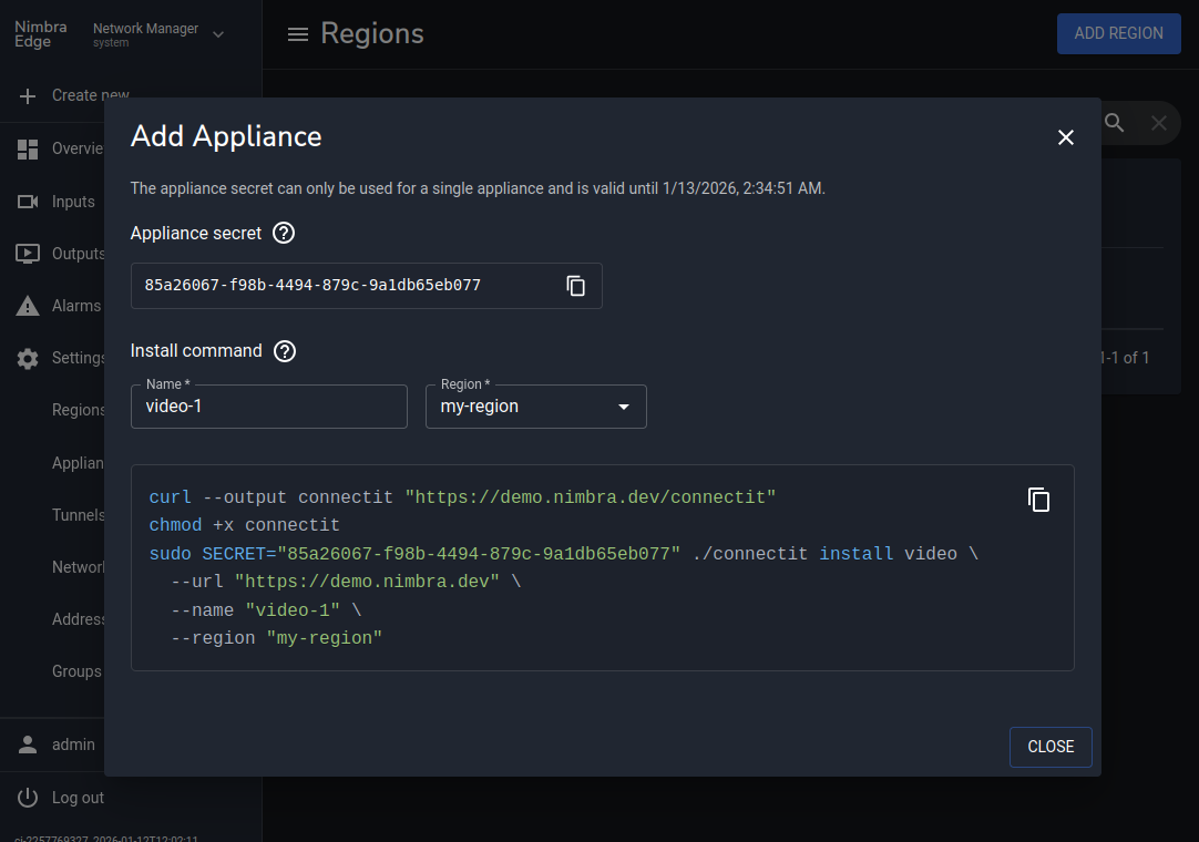 Add video appliance dialog