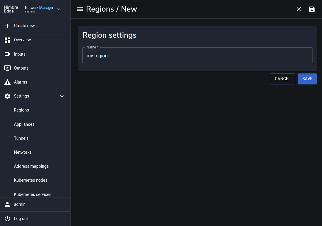 Create region form